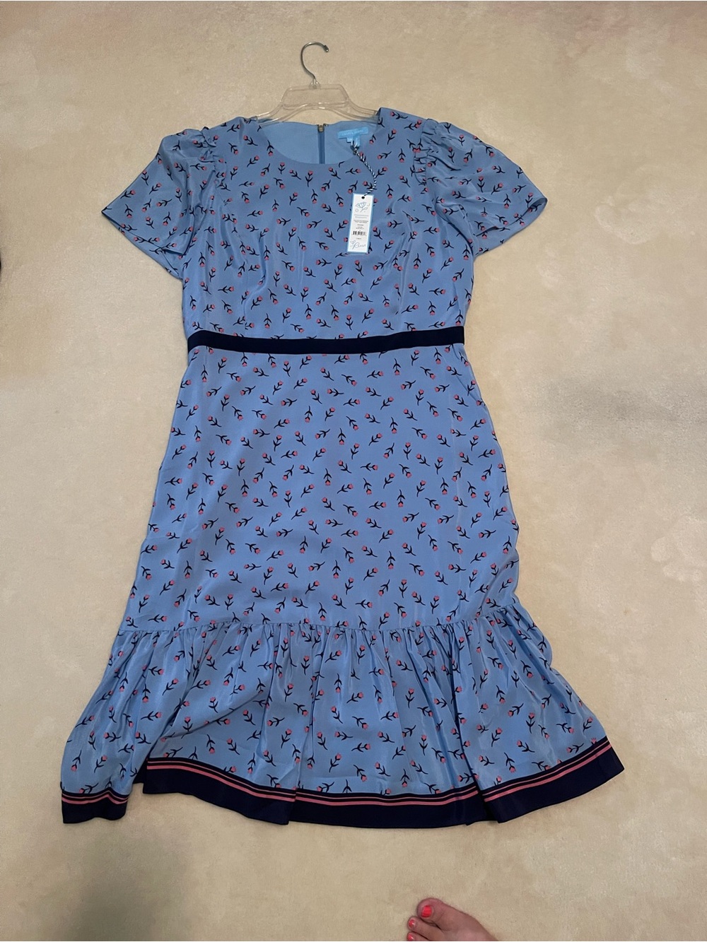 Womens Blue Floral Belted Ruffle Dress